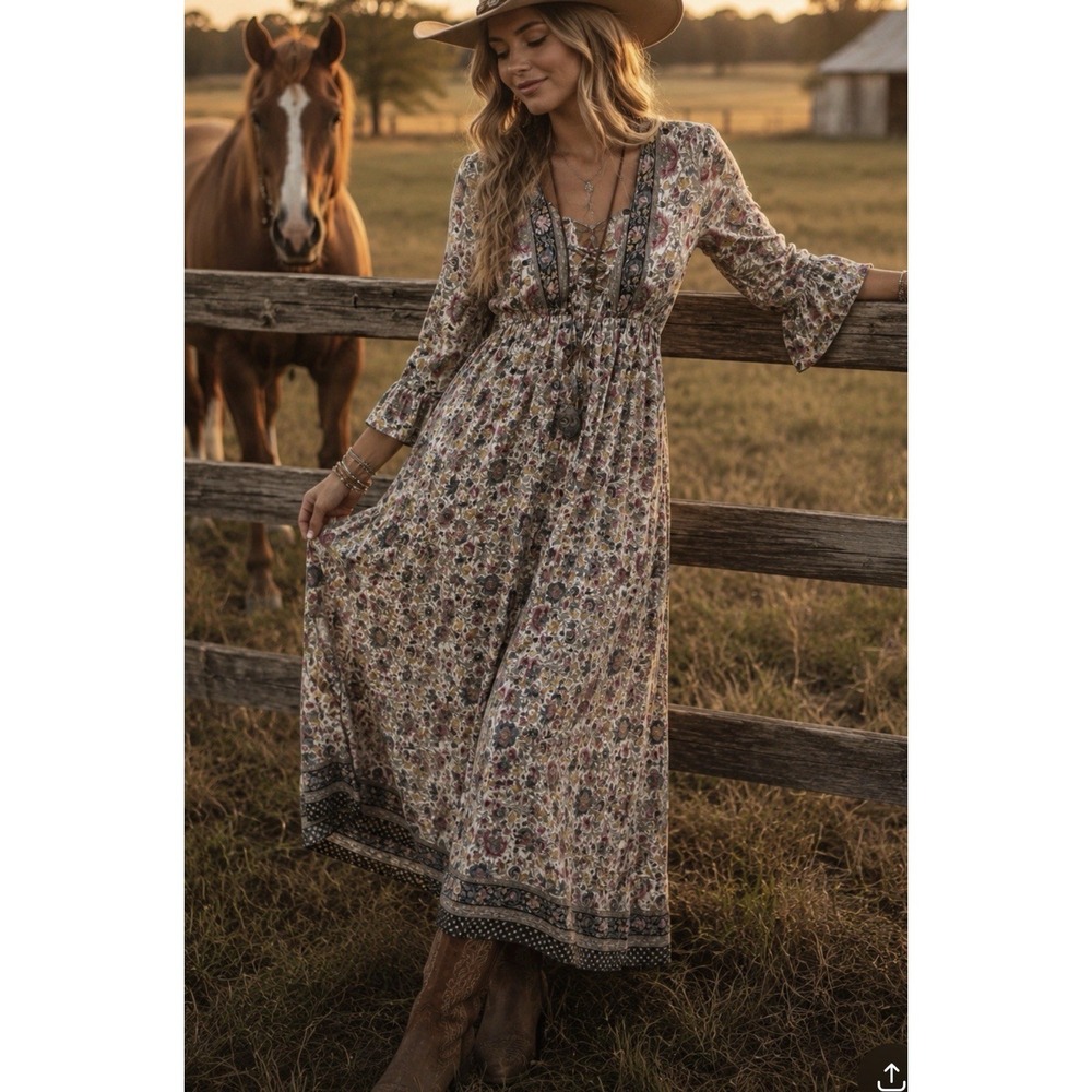 BOEMO Anthropologie Floral Paisley Tiered Bohemian Festival Maxi Dress Sz S